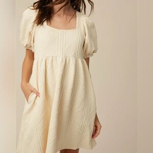 Listicle Cream Cable Knit Print Textured Square Neck Puffed
Sleeve Dress